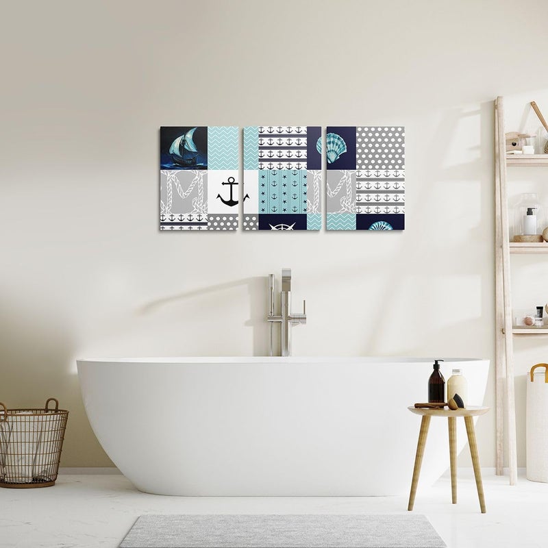 Erosebridal Nautical Canvas Wall Art 12 X 16 Inches Patchwork Wall Decor for Kids Boys Girls Anchor Seashell Polka Dot Compass Artwork Posters Sailboat Geometric Ocean Painting - Image 5