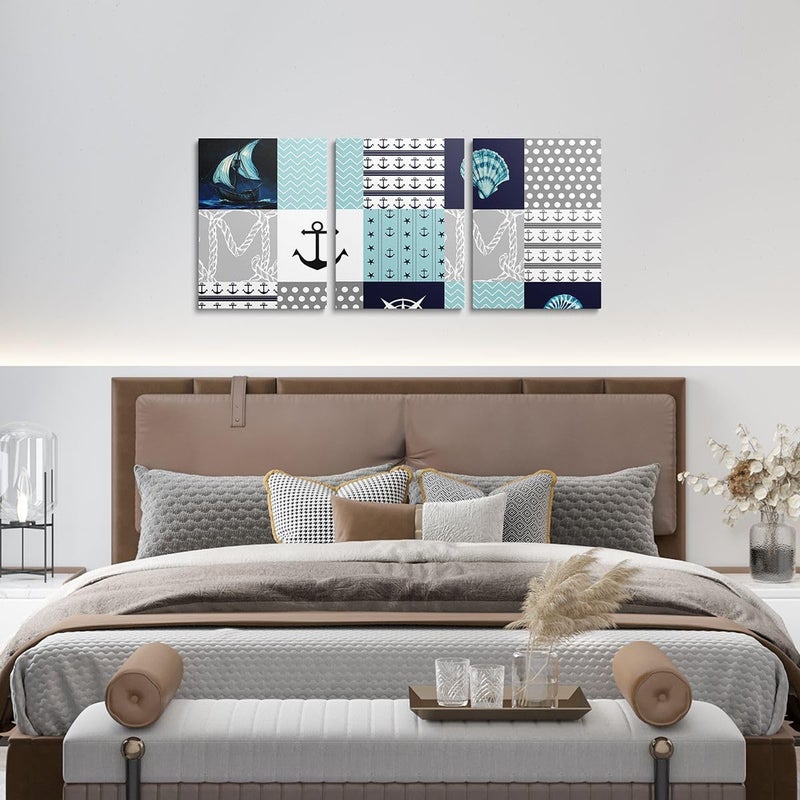 Erosebridal Nautical Canvas Wall Art 12 X 16 Inches Patchwork Wall Decor for Kids Boys Girls Anchor Seashell Polka Dot Compass Artwork Posters Sailboat Geometric Ocean Painting - Image 4
