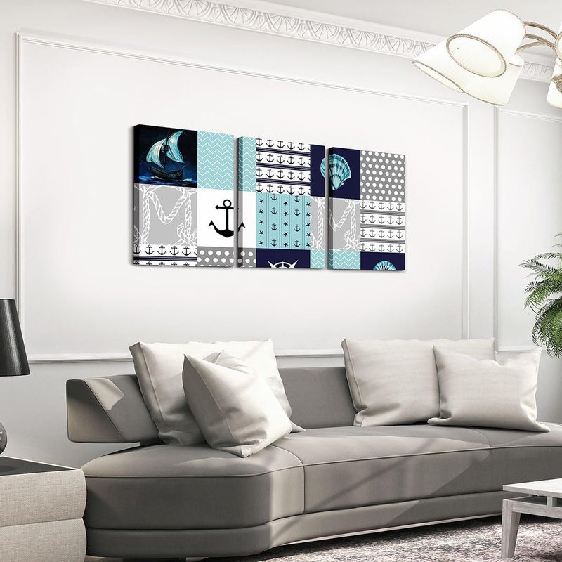Erosebridal Nautical Canvas Wall Art 12 X 16 Inches Patchwork Wall Decor for Kids Boys Girls Anchor Seashell Polka Dot Compass Artwork Posters Sailboat Geometric Ocean Painting - Image 3