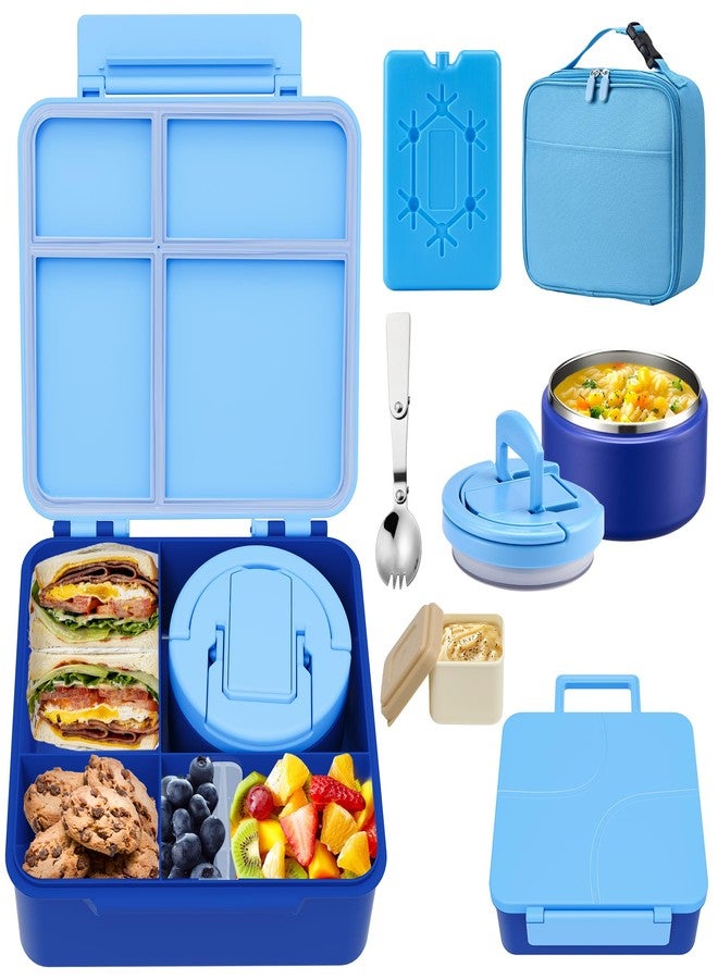 MAXSO Bento Lunch Box Set with 8 oz Soup Thermo, Kids Leakproof 4 Compartments Hot Food Container with Sauce Cup, Ice Pack and Lunch Bag, Child Insulated Food Jar for School - Blue - Image 1