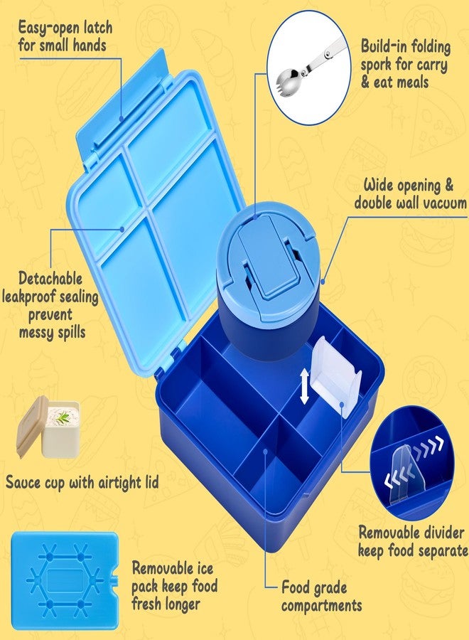 MAXSO Bento Lunch Box Set with 8 oz Soup Thermo, Kids Leakproof 4 Compartments Hot Food Container with Sauce Cup, Ice Pack and Lunch Bag, Child Insulated Food Jar for School - Blue - Image 2