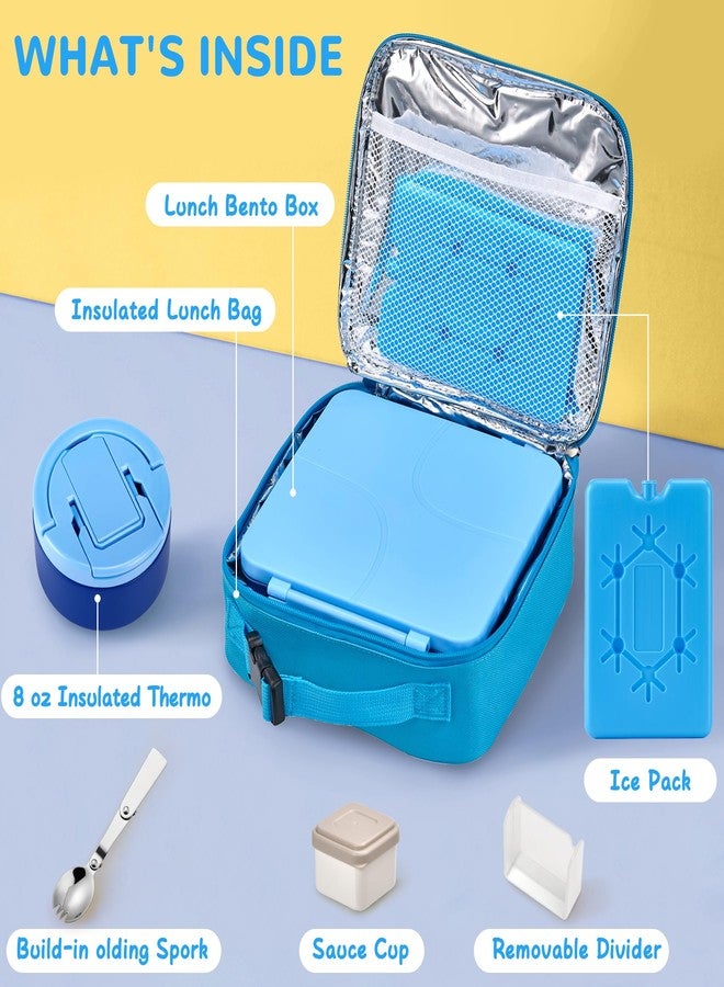 MAXSO Bento Lunch Box Set with 8 oz Soup Thermo, Kids Leakproof 4 Compartments Hot Food Container with Sauce Cup, Ice Pack and Lunch Bag, Child Insulated Food Jar for School - Blue - Image 4
