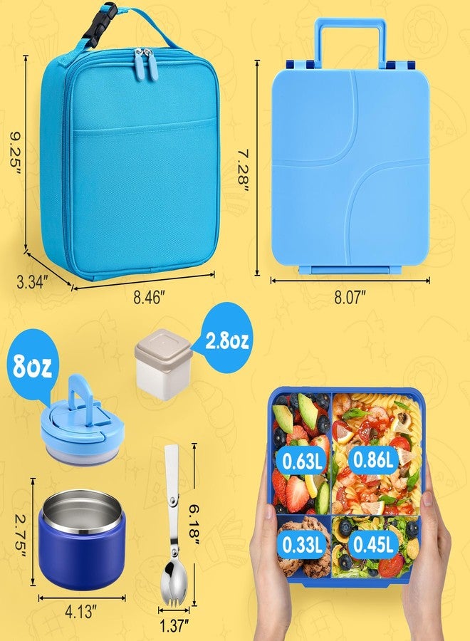 MAXSO Bento Lunch Box Set with 8 oz Soup Thermo, Kids Leakproof 4 Compartments Hot Food Container with Sauce Cup, Ice Pack and Lunch Bag, Child Insulated Food Jar for School - Blue - Image 5