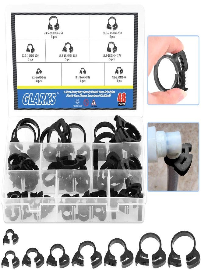 Glarks 48Pcs 8 Size Heavy Duty Black Double Gripping Nylon Hose Clamps Set, 6.6-27.2mm Plastic Snap Ratcheting Clamps Assortment Kit (Black 48Pcs) - Image 1