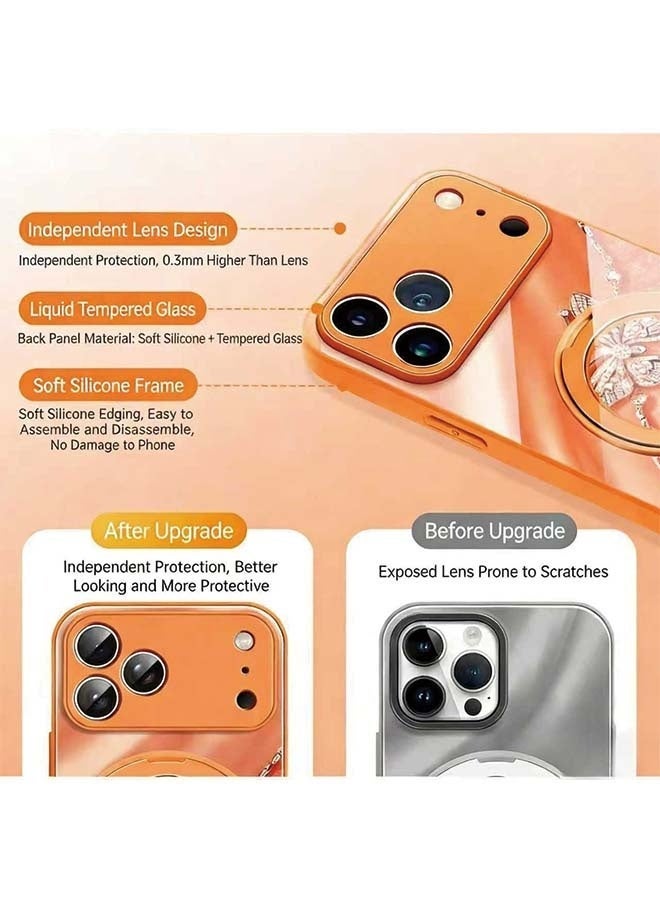 اوراکس iPhone 17 Pro Max Case Cover Protector Protection, مع MagSafe, مغناطيس قوي, تصميم فراشة لامعة, زجاج مقلص, مع قوس مغناطيسي 360 درجة دوار و حبل منسوج, مقاومة للارتداء للصدمات, إكسسوارات متنقلة, للنساء الرجال (البرتقالي) - Image 2