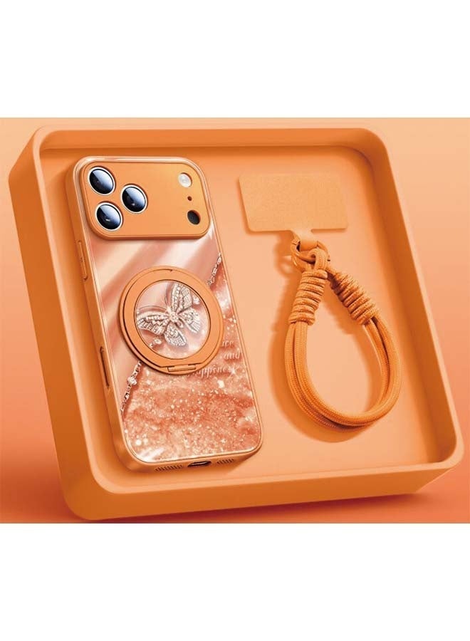 اوراکس iPhone 17 Pro Max Case Cover Protector Protection, مع MagSafe, مغناطيس قوي, تصميم فراشة لامعة, زجاج مقلص, مع قوس مغناطيسي 360 درجة دوار و حبل منسوج, مقاومة للارتداء للصدمات, إكسسوارات متنقلة, للنساء الرجال (البرتقالي) - Image 1