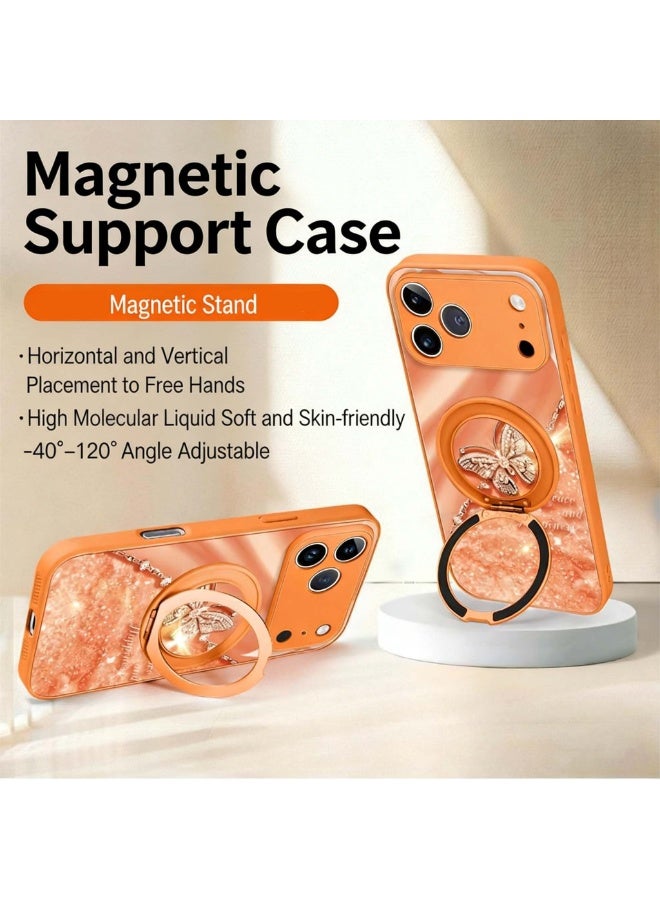 اوراکس iPhone 17 Pro Max Case Cover Protector Protection, مع MagSafe, مغناطيس قوي, تصميم فراشة لامعة, زجاج مقلص, مع قوس مغناطيسي 360 درجة دوار و حبل منسوج, مقاومة للارتداء للصدمات, إكسسوارات متنقلة, للنساء الرجال (البرتقالي) - Image 4