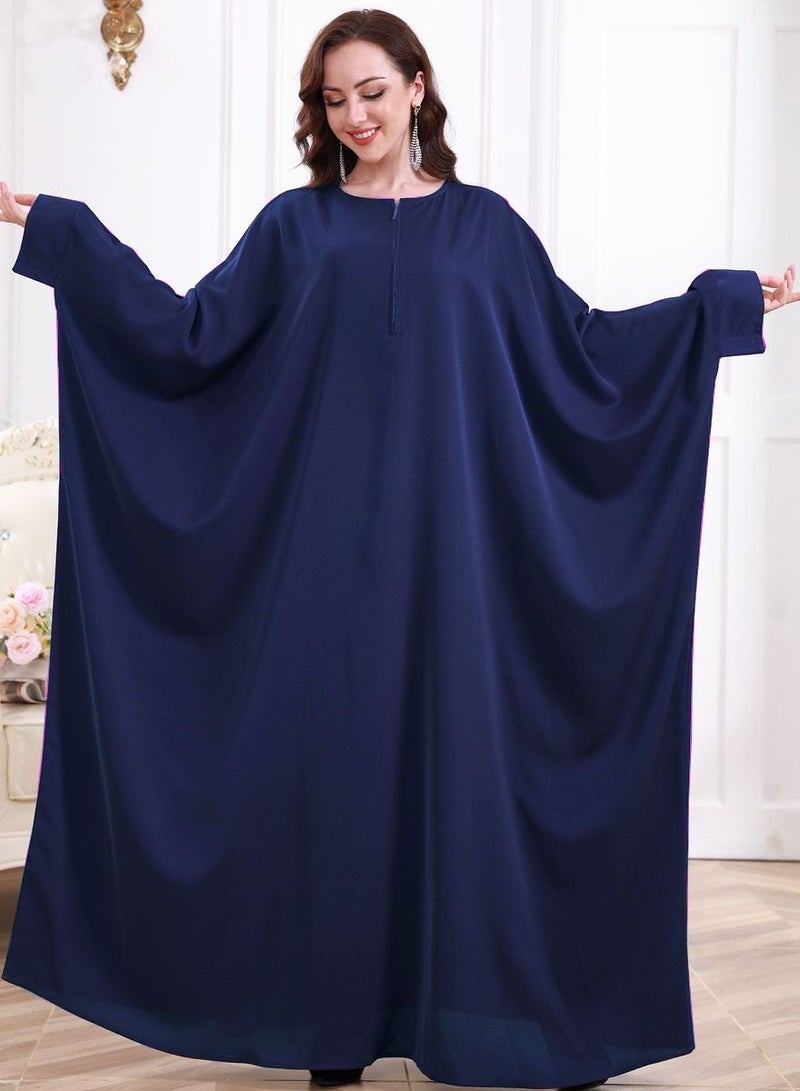 إسكدنيا Women's Casual Solid Color Long Sleeves Abaya Full Length Batwing Sleeves Dress Liturgical Clothes Muslim Dark Blue 