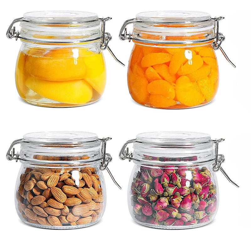 WRINGO 500ML Airtight Glass Canister with Lids Food Storage Jar squareStorage Container with Clear Preserving Seal Wire Clip Fastening for Kitchen Canning CerealSugarBeansSpice set of 4 - Image 1