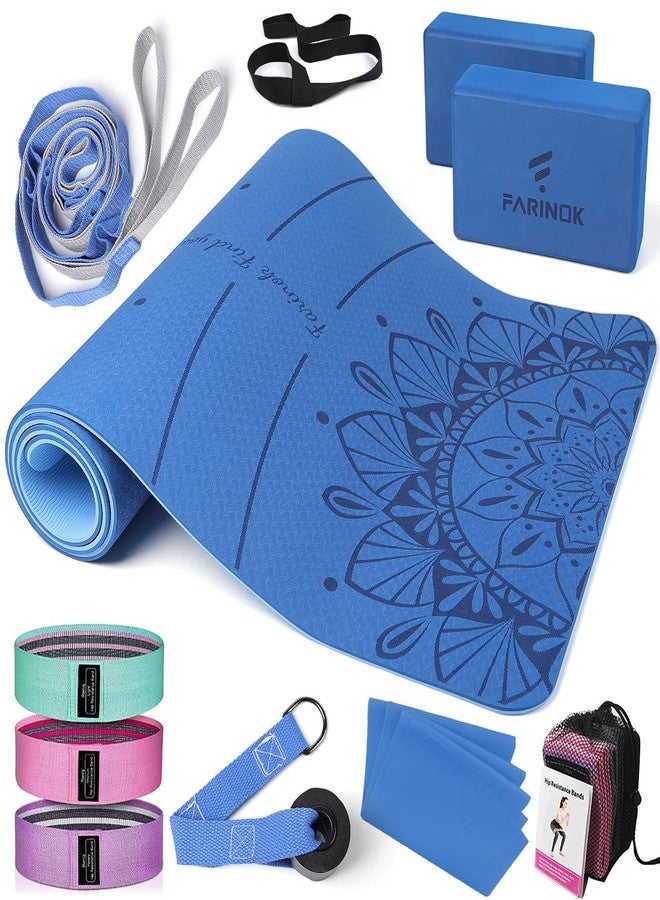 FARINOK 1/3 Yoga Mat Thick, Yoga Set for Beginners Include High Density Mat with Multi-loops Strap, Blocks, Booty Resistance Band Set, Door Anchor, Carring Bag & Strap (LIGHT BLUE, 8MM) - Image 1