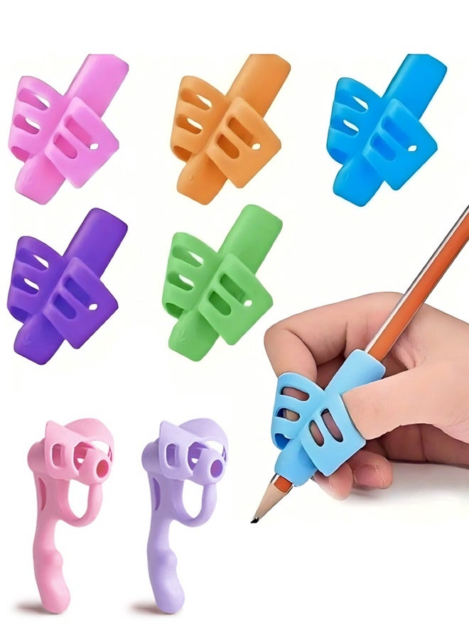 حامل أقلام - 7 قطع من مقابض التدريب، أجهزة مبتكرة للمساعدة على الكتابة، أكمام أصابع للكتابة، أجهزة تصحيح وضعية الكتابة، مخصصة للبالغين والطلاب الذين يستخدمون اليد اليمنى واليسرى. - Image 1