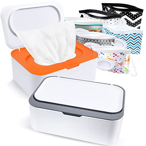 KALYLOC 8Pcs Baby Wipes Dispenser, Reusable Baby Wipe Holder Box and Portable Wet Wipes Pouch, Refillable Wipes Pouch Case Container with Lid for Bathroom Baby Nursery Kitchen Office Travel (Grey+Orange) - Image 1