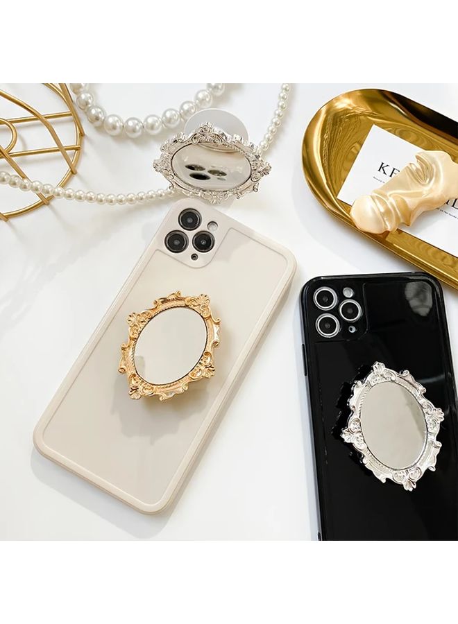 Golden Foldable ABS Mirror Phone Stand with Retro European Pattern Adhesive Backing Air Cushion Holder Round Desktop Mirror Ideal Gift - Image 5