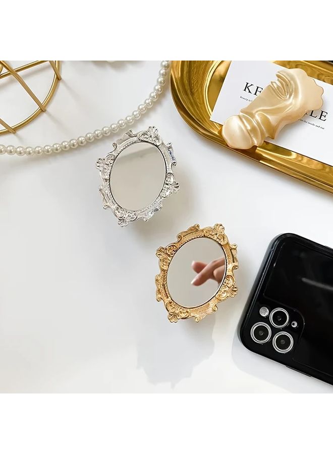 Golden Foldable ABS Mirror Phone Stand with Retro European Pattern Adhesive Backing Air Cushion Holder Round Desktop Mirror Ideal Gift - Image 4