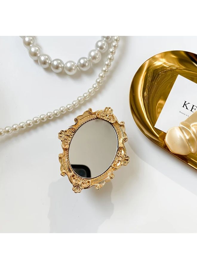 Golden Foldable ABS Mirror Phone Stand with Retro European Pattern Adhesive Backing Air Cushion Holder Round Desktop Mirror Ideal Gift - Image 1