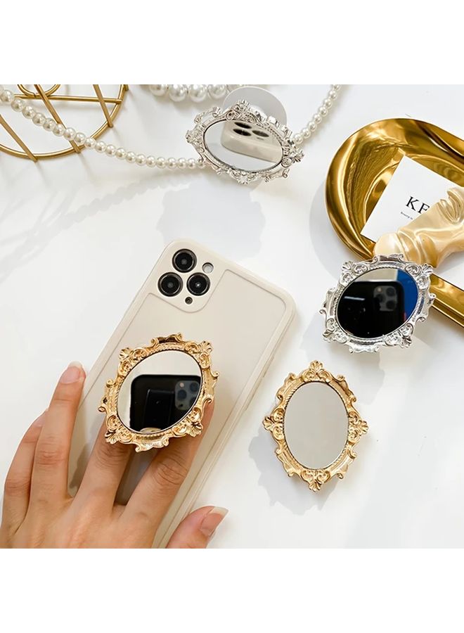 Golden Foldable ABS Mirror Phone Stand with Retro European Pattern Adhesive Backing Air Cushion Holder Round Desktop Mirror Ideal Gift - Image 2