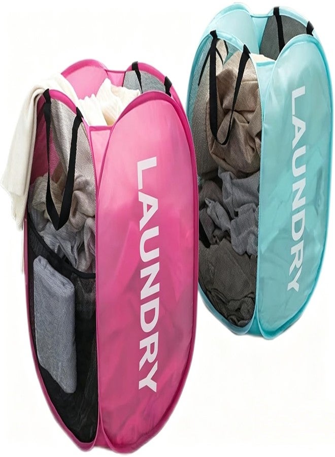ZENSEWEN 2Pack Mesh Pop Up Laundry Hamper, Two Sided Hamper Foldable Collapsible Portable Clothes Basket with Side Pocket for Home, Dorm, Nursery, Laundry Room, Travel, Cruise - Image 1