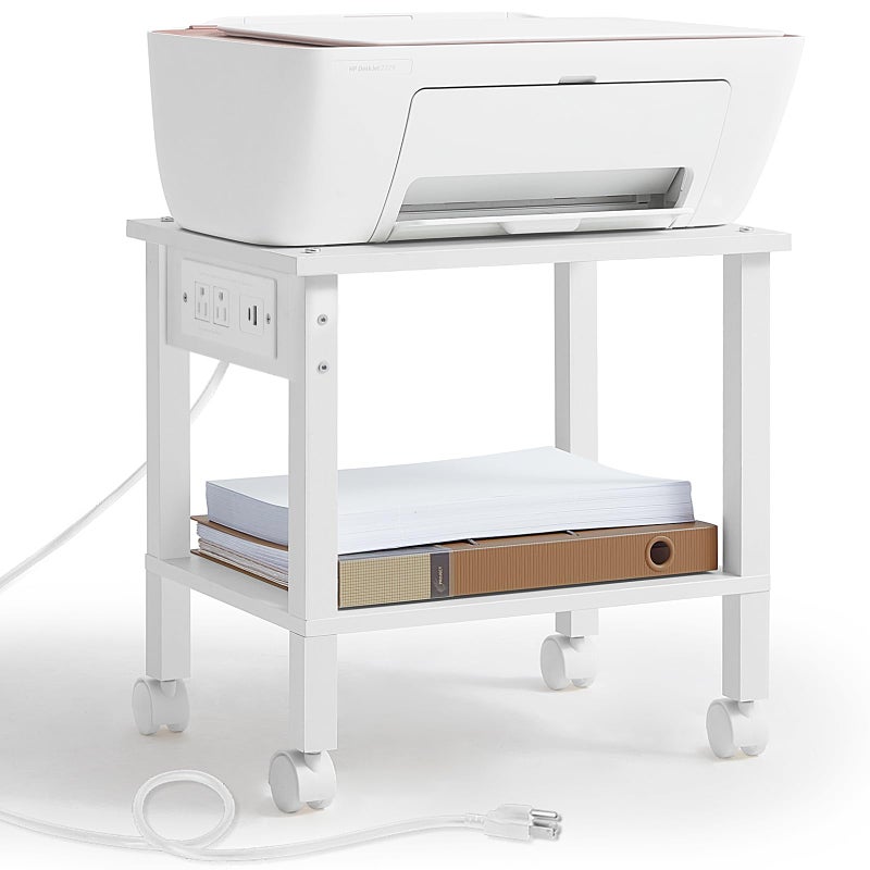 YUFAM 2 Tier Under Desk Printer Stand with Storage, Small Printer Table with Charging Station, Rolling Printer Cart Shelf with Lockable Wheels for Home, Office (White) - Image 1