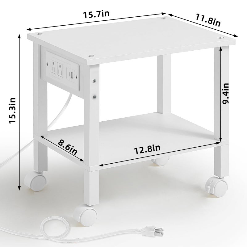 YUFAM 2 Tier Under Desk Printer Stand with Storage, Small Printer Table with Charging Station, Rolling Printer Cart Shelf with Lockable Wheels for Home, Office (White) - Image 3