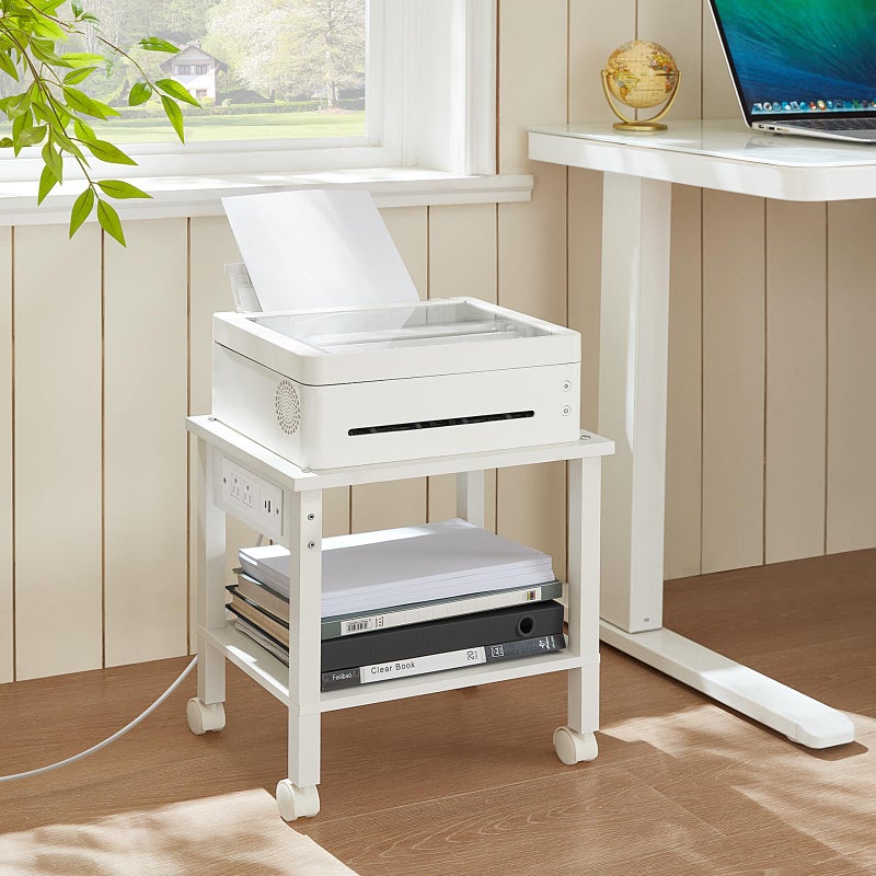 YUFAM 2 Tier Under Desk Printer Stand with Storage, Small Printer Table with Charging Station, Rolling Printer Cart Shelf with Lockable Wheels for Home, Office (White) - Image 2