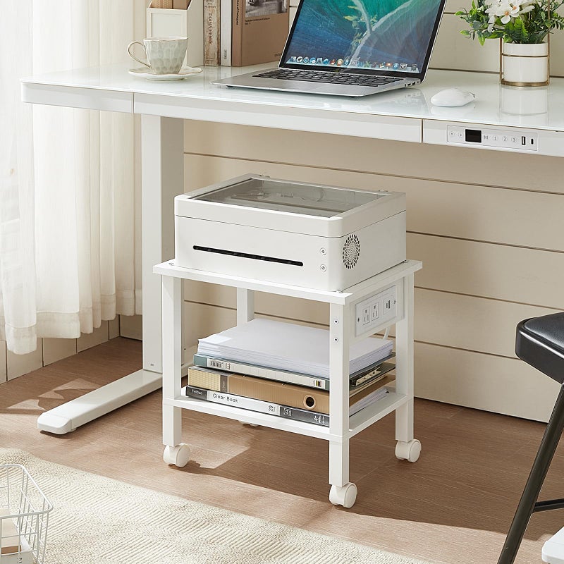 YUFAM 2 Tier Under Desk Printer Stand with Storage, Small Printer Table with Charging Station, Rolling Printer Cart Shelf with Lockable Wheels for Home, Office (White) - Image 4