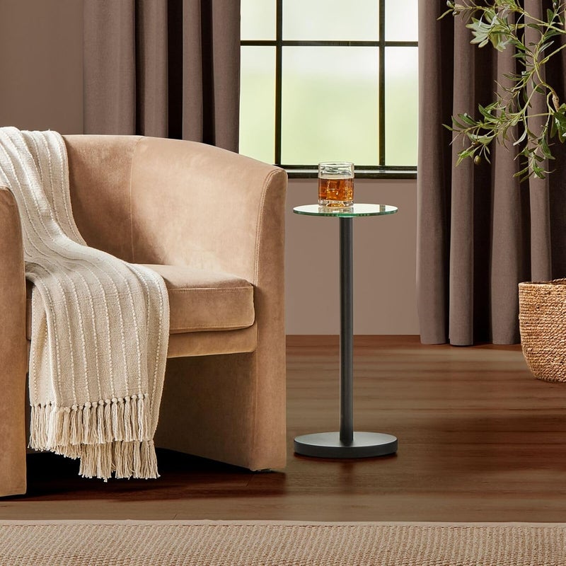 mDesign Glass Top Side/End Drink Table - Small Modern Round Accent Metal Nightstand Furniture for Living Room, Dorm, Home Office, and Bedroom - 9" Round - Clear/Matte Black - Image 1