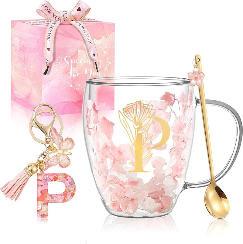 BigNoseDeer Gifts for Women Glass Coffee Mugs Unique Birthday Gift for Women Her Ladies Espresso Tea Cups Personalised Friendship Wedding Gifts Cute Double Walled Glass Mugs Pink Stuff Graduation Gift (Letter P) - Image 1