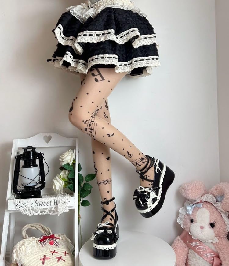 JOLILUNA Whimsy Twee Piano Tights Funky Y2k Music Note Tights (beige,One Size) - Image 3
