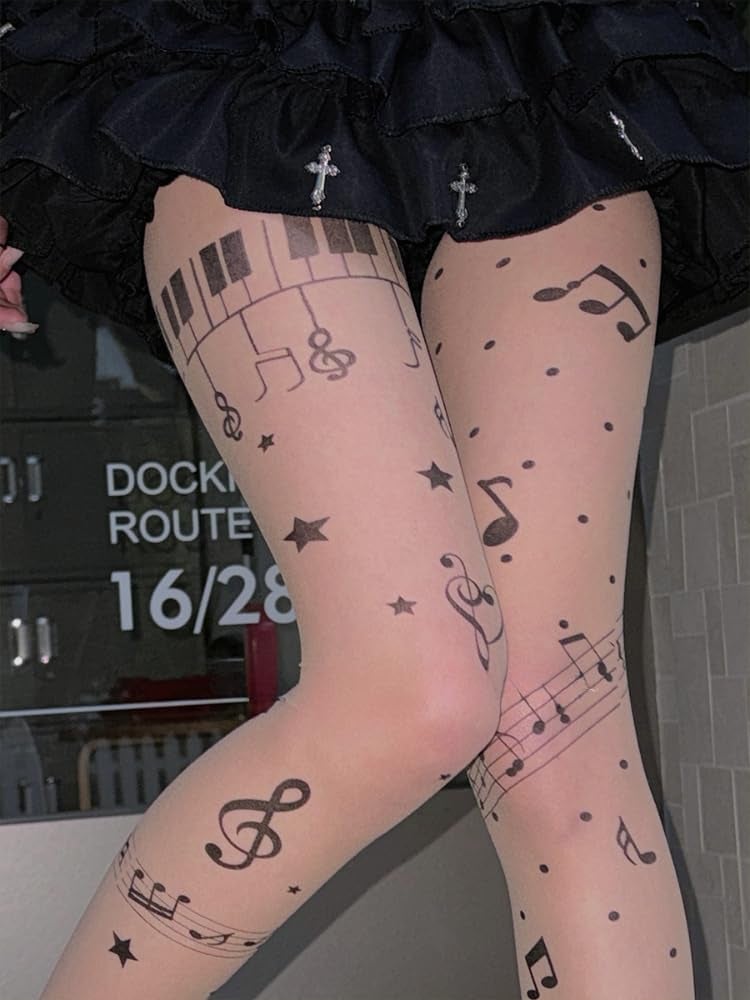 JOLILUNA Whimsy Twee Piano Tights Funky Y2k Music Note Tights (beige,One Size) - Image 4