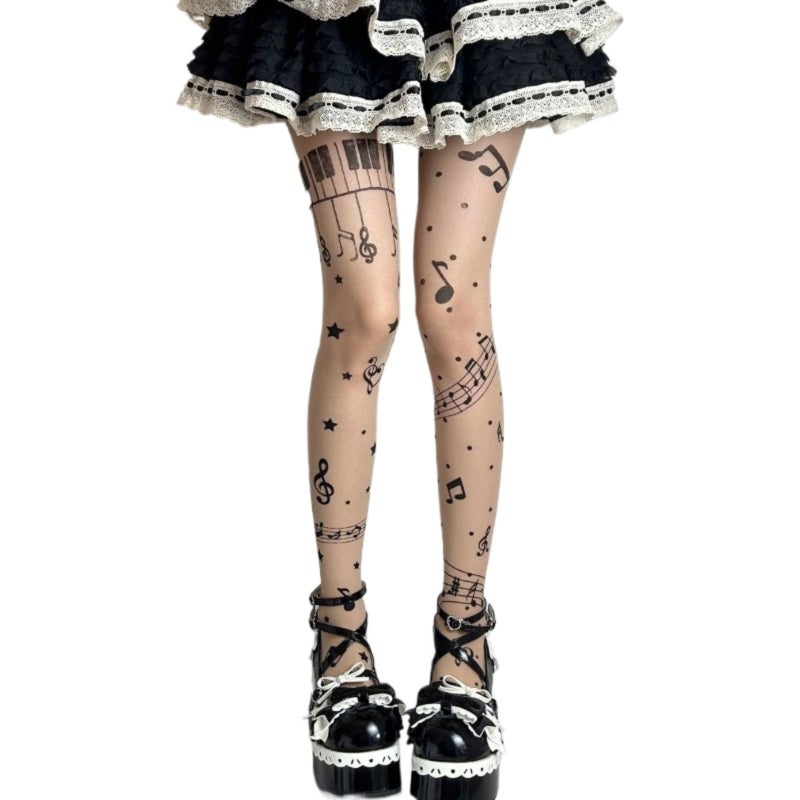 JOLILUNA Whimsy Twee Piano Tights Funky Y2k Music Note Tights (beige,One Size) - Image 1