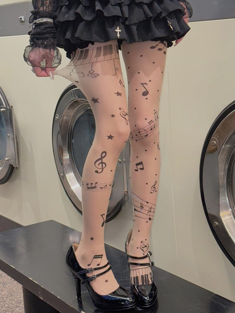 JOLILUNA Whimsy Twee Piano Tights Funky Y2k Music Note Tights (beige,One Size) - Image 5