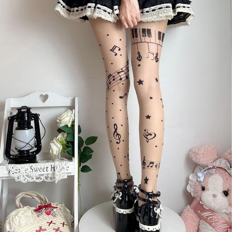 JOLILUNA Whimsy Twee Piano Tights Funky Y2k Music Note Tights (beige,One Size) - Image 2