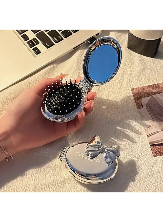 Pink Portable Mini Bow Shaped Hair Comb With Mirror Nylon Bristle Air Cushion Comb Ideal Gift - Image 3