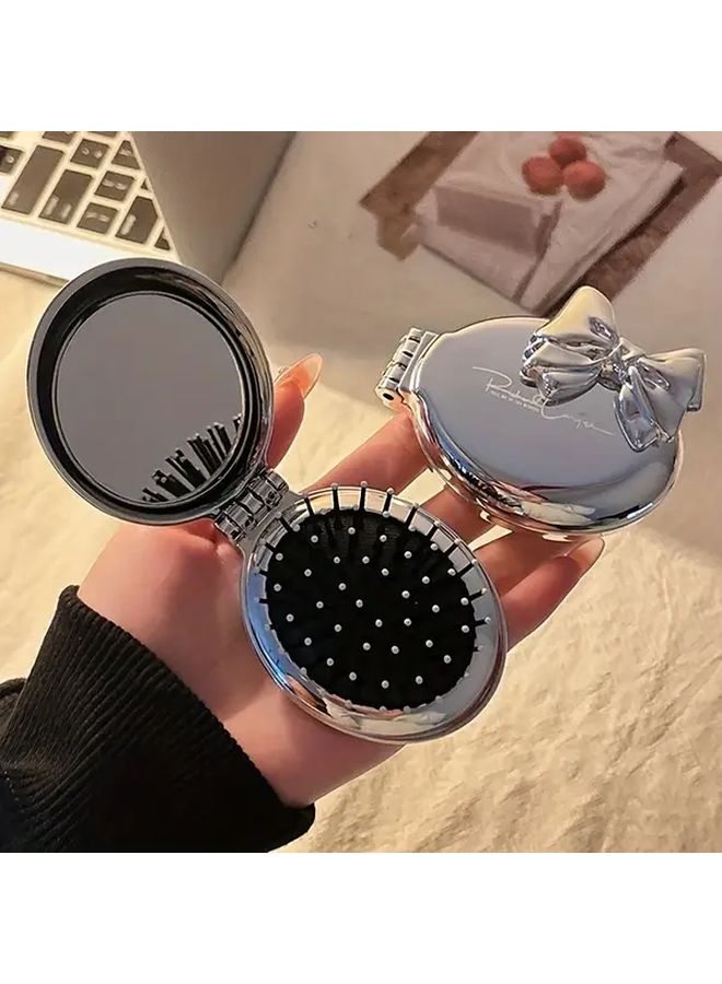 Pink Portable Mini Bow Shaped Hair Comb With Mirror Nylon Bristle Air Cushion Comb Ideal Gift - Image 4