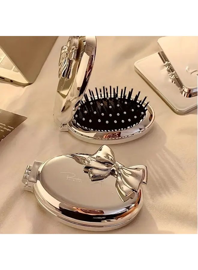Pink Portable Mini Bow Shaped Hair Comb With Mirror Nylon Bristle Air Cushion Comb Ideal Gift - Image 5