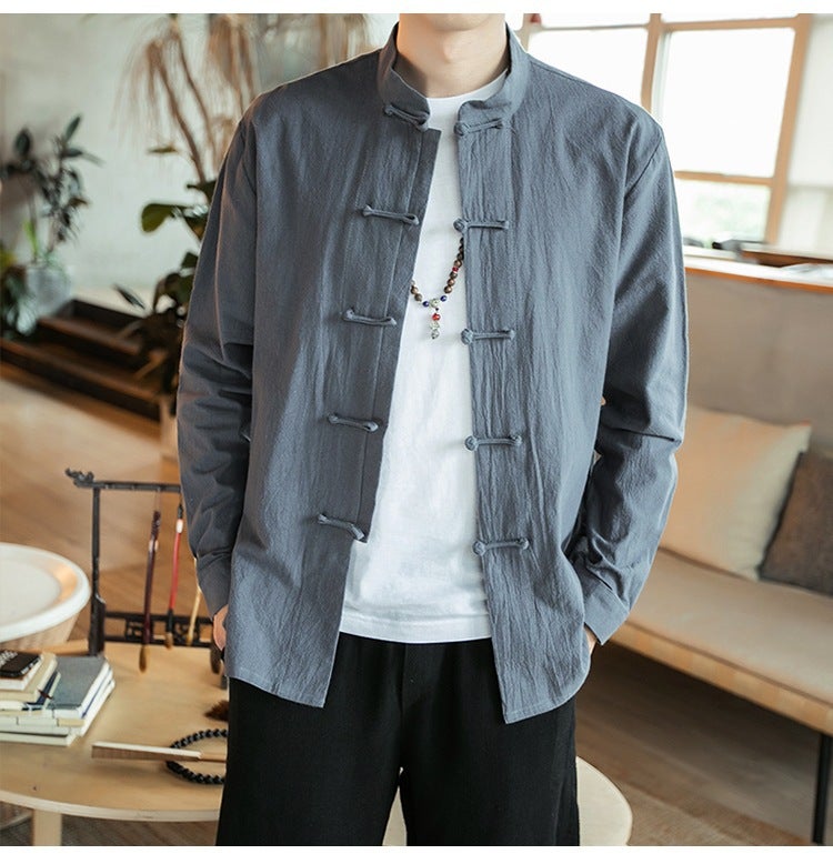 Chinese Style Mens Clothing Ethnic Costume Chinese Style Button Tang Suit Cotton Linen Long Sleeve Shirt Loose Top Retro Zen Clothing green gray - Image 1