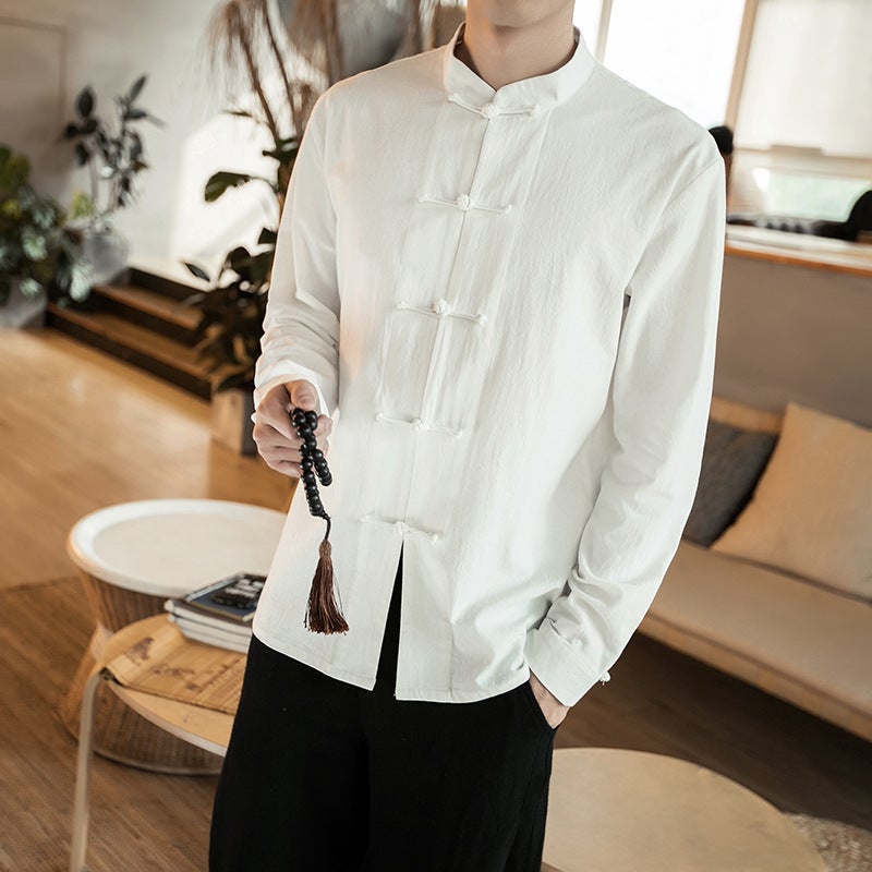 Chinese Style Mens Clothing Ethnic Costume Chinese Style Button Tang Suit Cotton Linen Long Sleeve Shirt Loose Top Retro Zen Clothing green gray - Image 2