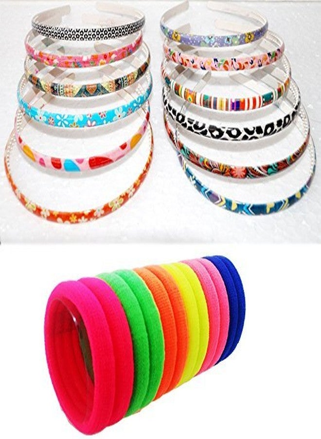 Fok Set Of 20 Pcs Bright Color Cotton Rubberbands & 4 Pcs Multi Color & Printed Design Plastic Hairbands (8 mm) - Image 1