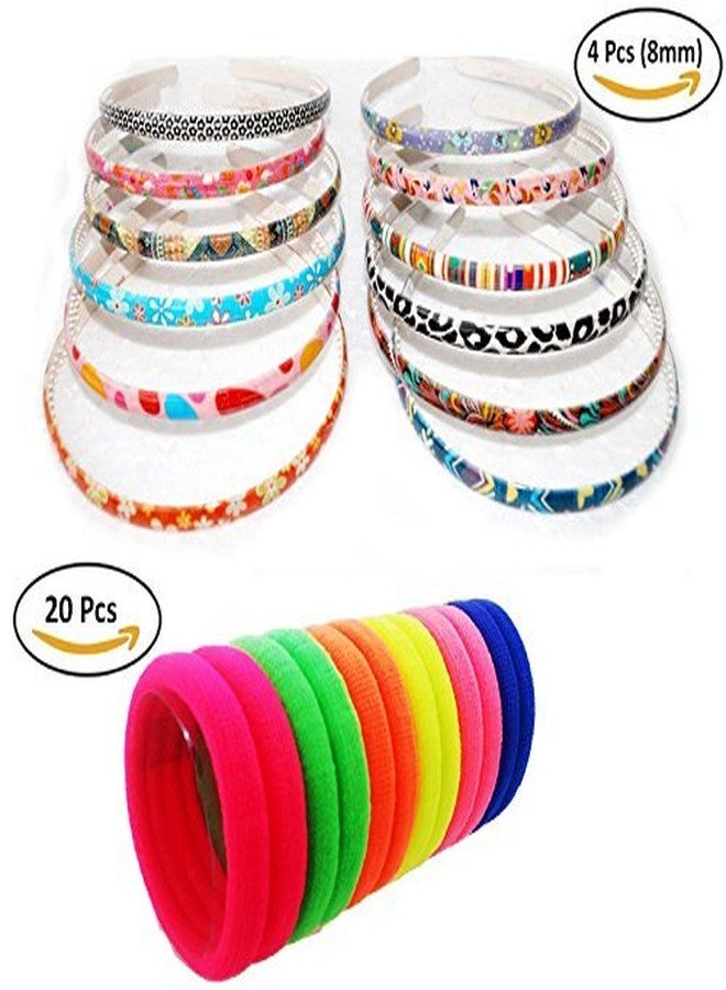 Fok Set Of 20 Pcs Bright Color Cotton Rubberbands & 4 Pcs Multi Color & Printed Design Plastic Hairbands (8 mm) - Image 2