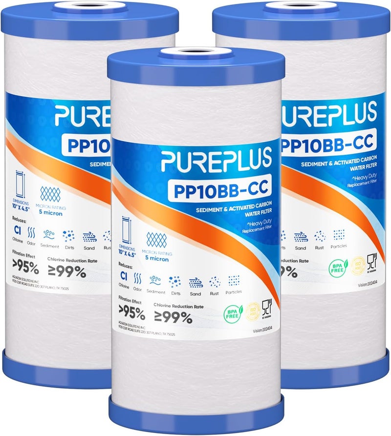 Pure Plus 5 Micron 10" x 4.5" FXHTC Whole House Sediment and Carbon Water Filter Replacement Cartridge for GE GXWH40L, GXWH35F, GNWH38S, Culligan RFC-BBSA, WRC25HD, RFC-BB, PP10BB-CC, WFHD13001, 3Pack - Image 1