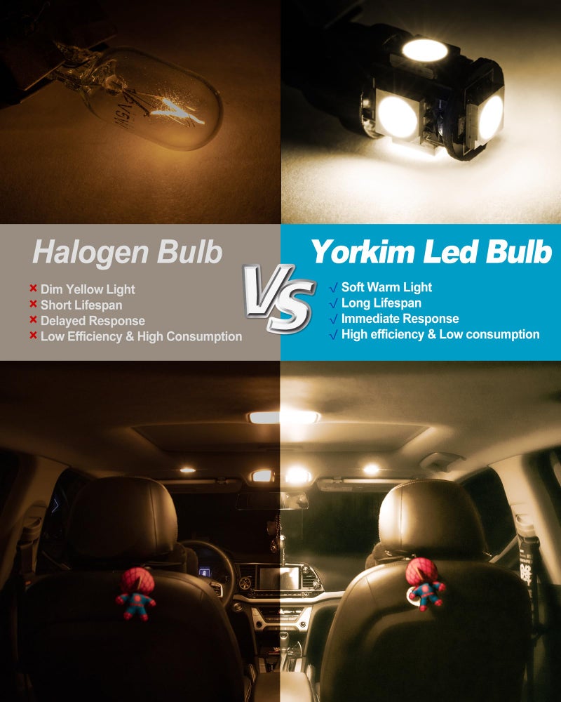 Yorkim 194 LED Bulbs Warm White Super Bright New 5th Generation, T10 168 LED Bulb for Car Interior Door Courtesy Dome Map License Plate Lights W5W 2825,Pack of 10 - Image 3
