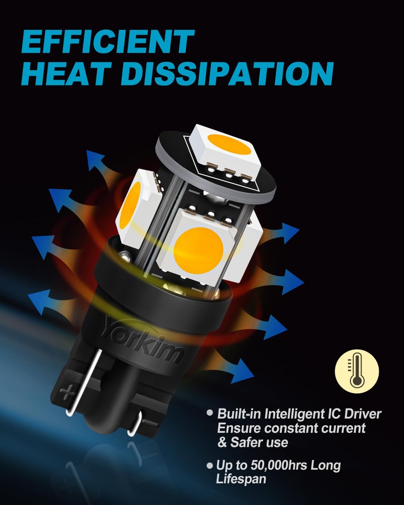 Yorkim 194 LED Bulbs Warm White Super Bright New 5th Generation, T10 168 LED Bulb for Car Interior Door Courtesy Dome Map License Plate Lights W5W 2825,Pack of 10 - Image 4