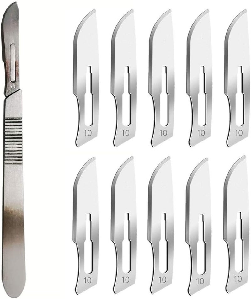 10 قطع من شفرات مشرط معقمة رقم 10 مع مقبض مشرط مناسب لقص الوبر والباديكير والحرف اليدوية والنمذجة والادوات الطبية/الجراحية - Image 1