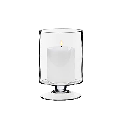CYS EXCEL Glass Hurricane Pillar Candle Holder (H:8" W:4.75") | Multiple Size Choices Short Stem Candle Centerpieces | Stemmed Glass Cylinder Candle Vase - Image 1