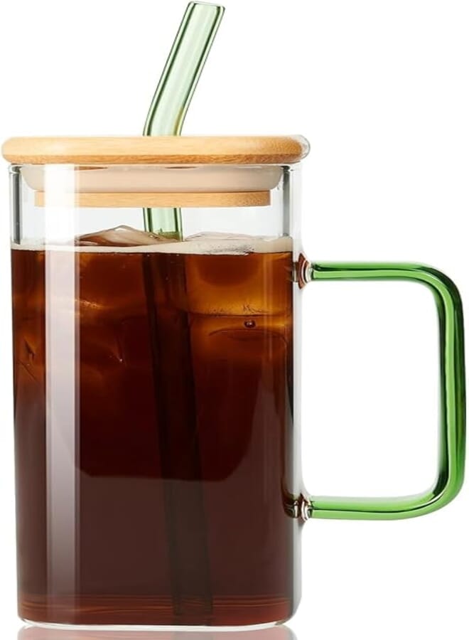 SKDBPM Glass Tumbler with Colored Handle, 400ml Coffee Sipper with Wooden Lid and Glass Straw Iced Tea Mug Clear Drinking Cup for Juice, Milk, Smoothie, Beer Sipper with Straw (Pack of 1)