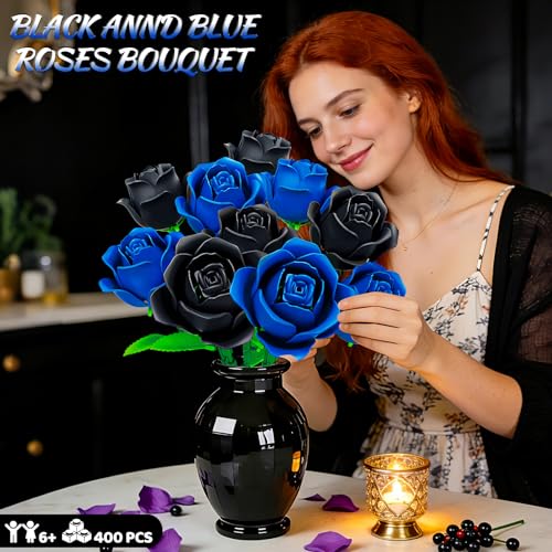 Sitodier 2 in 1 Flower Bouquet Building Set 5pcs Black and 5pcs Blue Roses for Women Gilrs Valentines Day Gift for Lover Mom Wife Couple and Girlfriend Gothic Romantic Home Room Office Decor - Image 5