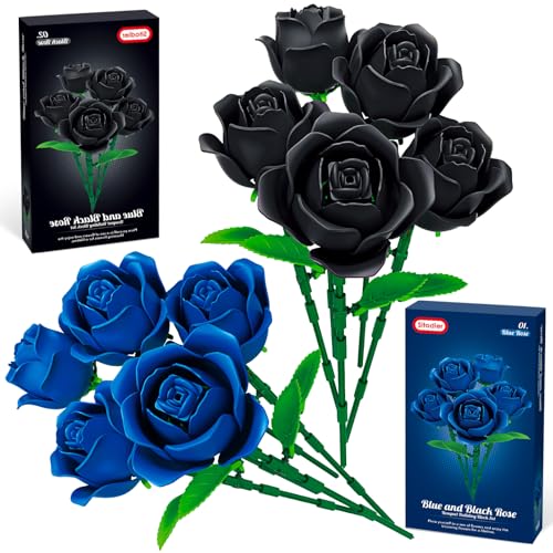 Sitodier 2 in 1 Flower Bouquet Building Set 5pcs Black and 5pcs Blue Roses for Women Gilrs Valentines Day Gift for Lover Mom Wife Couple and Girlfriend Gothic Romantic Home Room Office Decor - Image 1