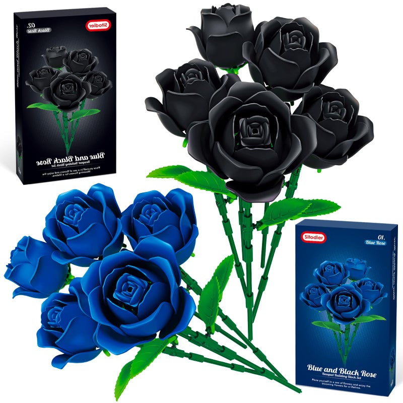 Sitodier 2 in 1 Flower Bouquet Building Set 5pcs Black and 5pcs Blue Roses for Women Gilrs Valentines Day Gift for Lover Mom Wife Couple and Girlfriend Gothic Romantic Home Room Office Decor - Image 3
