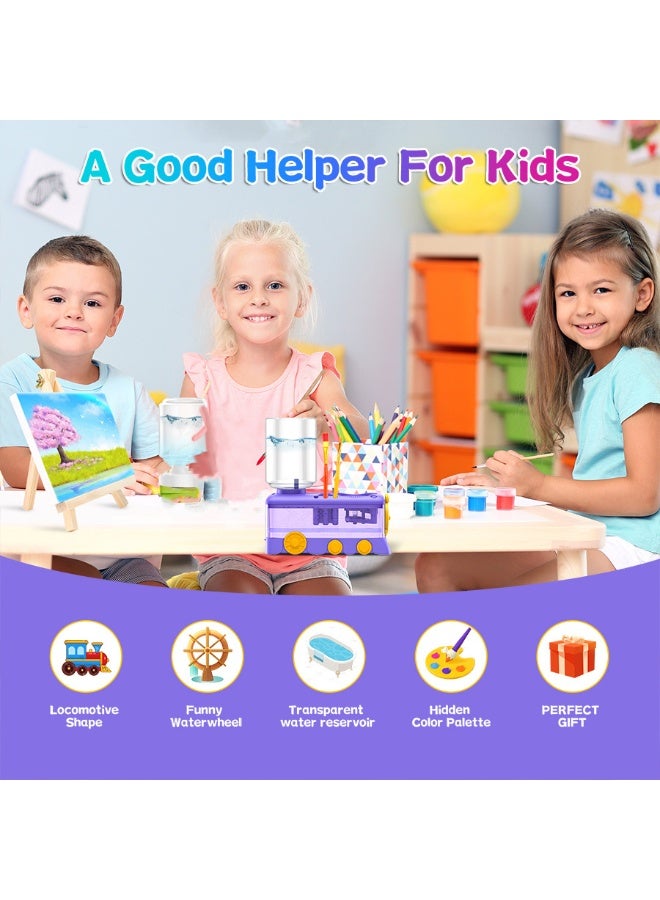 Kids Paint Brush Cleaner Machine | Train-Shaped Automatic Brush Washer with Water Circulation & Color Palette | Art Tool for Children, Artists & Classroom—Purple - Image 5