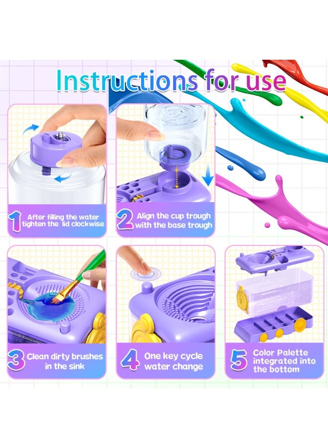 Kids Paint Brush Cleaner Machine | Train-Shaped Automatic Brush Washer with Water Circulation & Color Palette | Art Tool for Children, Artists & Classroom—Purple - Image 2